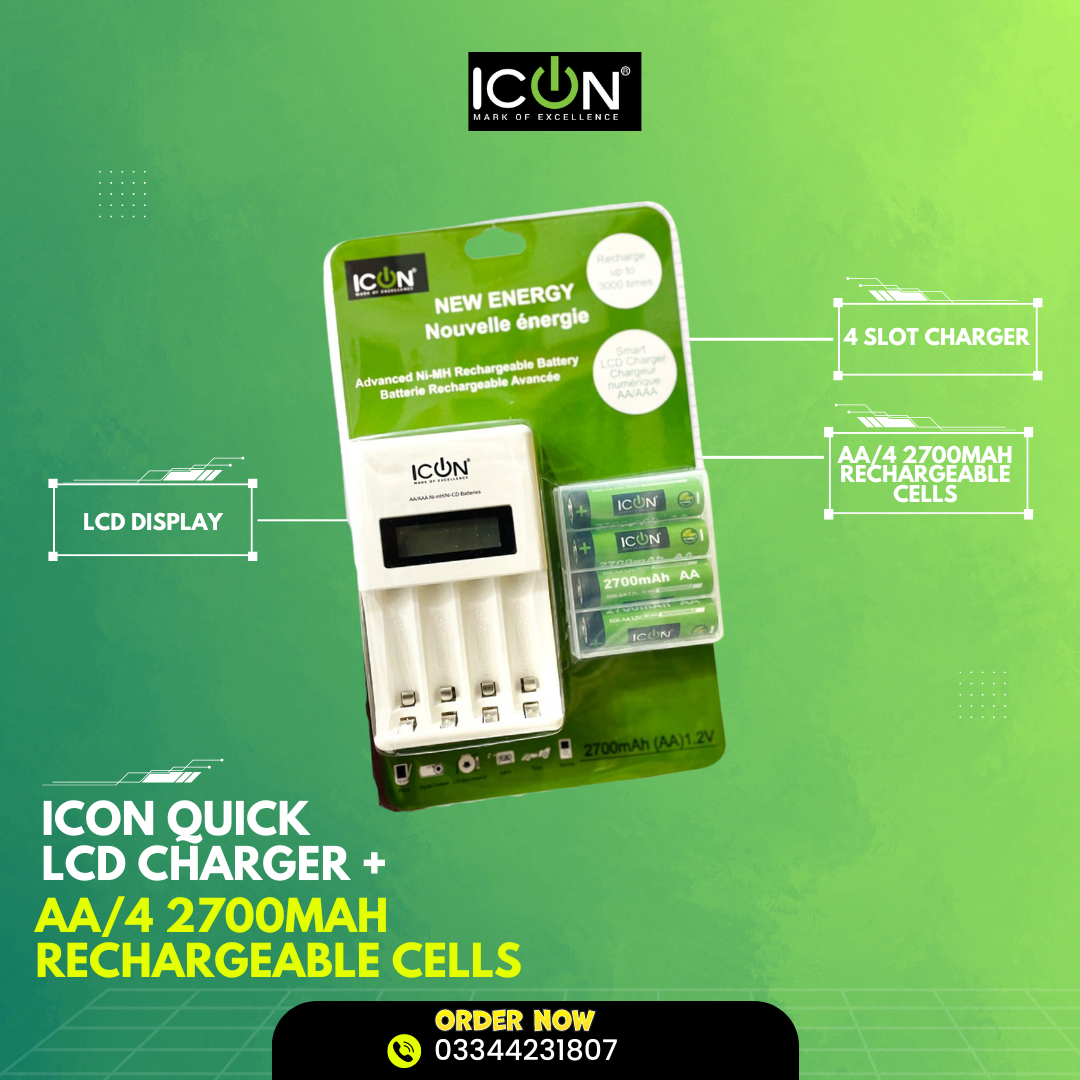 ICON Quick LCD CHARGER + AA/4 2700mAH Rechargeable Cells 100% Premium Quality